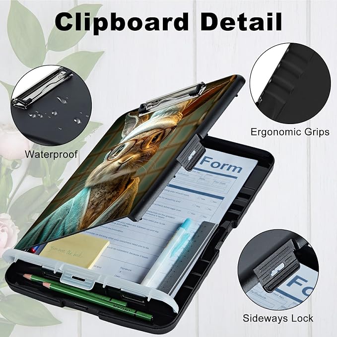 A4 Clipboard with Storage Pen Holder, Clipboards Organizer Nursing Clipboard Foldable File Folder Plastic Clipboard Folio Clip Board for Office Work Classroom Doctor, Glasses Rabbit