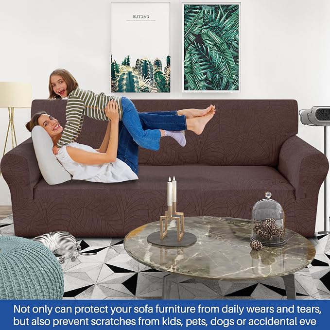 YEMYHOM Couch Cover Latest Jacquard Design High Stretch Sofa Covers for 3 Cushion Couch, Pet Dog Cat Proof Slipcover Non Slip Magic Elastic Furniture Protector (Large, Begonia Leaf Coffee)