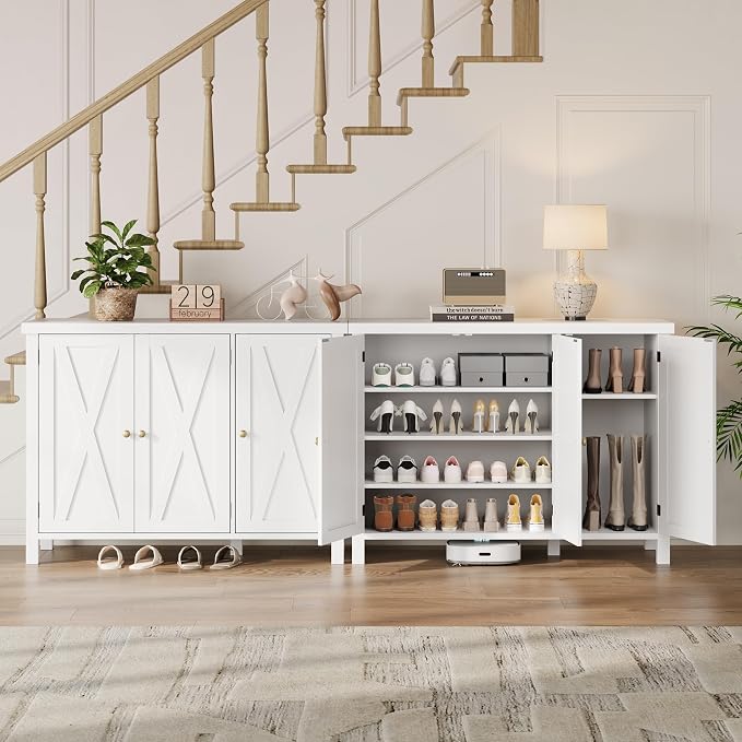 CABIHOME Farmhouse Shoe Cabinet with 3 Barn Doors & Wood Legs, 5-Tier Shoe Storage Cabinet with 3 Adjustable Shelves, Tall Shoe Rack Organizer for Closet, Shoe Organizer for Entryway, Hallway, White