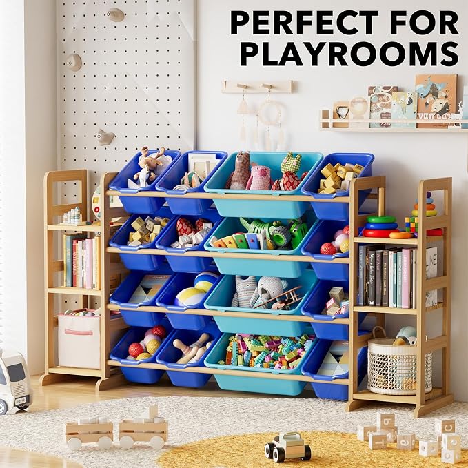 Modern 6-Shelf Toy Organizer with 16 Removable Bins for Kids Room Decor and Playroom Storage by SpaceAid