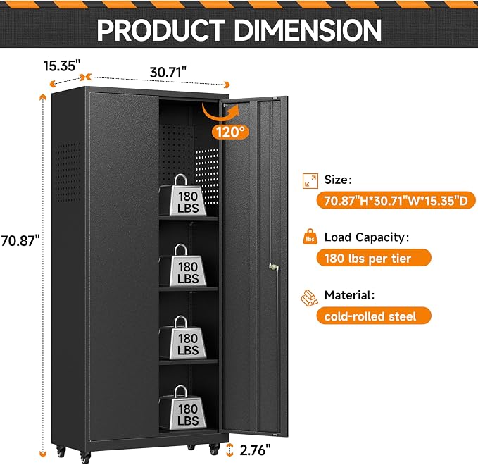 71''H Garage Storage Cabinet, Meatl Storage Cabinet with Lock | Tool Storage Cabinet, Steel Tool Cabinet with 2 Doors and Shelves for Garage, Warehouse, Assembly Required, Black