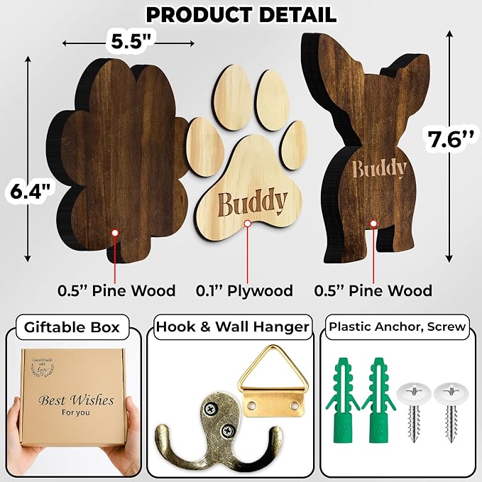 Personalized Dog Leash Holder for Wall, Dog Breed Harness Hanger Organizer, Holder Wall Mount for Key, Collar, Harness, Pet Paw Leash Hooks for Entrance Living Room Kitchen, Pet Lover Gift