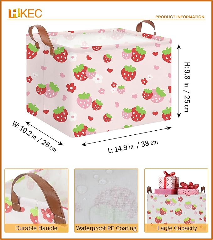 Rectangle Storage Basket with Handles,Collapsible Storage Bin,Books Box,Gift Basket(Strawberry)