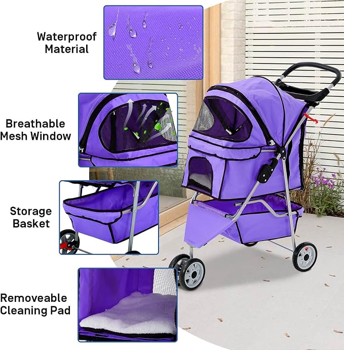 Best 3 Wheels Pet Stroller for Dog Stroller Cat Stroller, Lightweight & Foldable Pet Jogger Stroller, Carrier Strolling Cart W/Cup Holders Removable Liner for Small and Medium Dog Cat or Pet - Purple