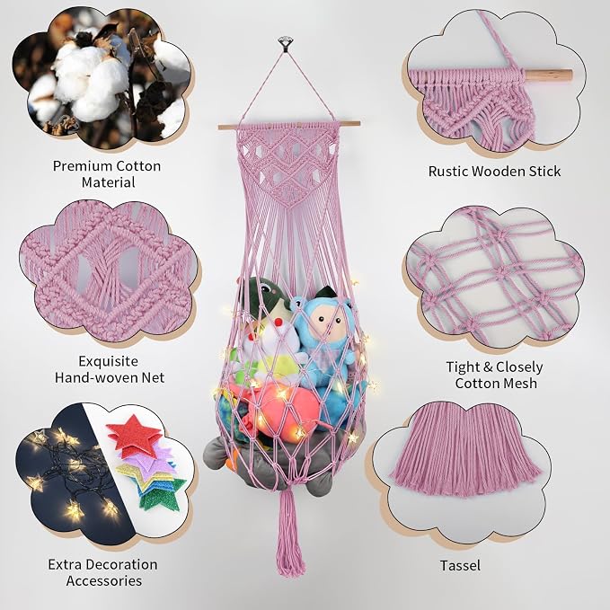 63 Inch Stuffed Animal Hammock Corner,Macrame Toy Plushie Net,Pink | Wall Ceiling Over Door Hanging Net for Stuffed Animals,Stuffy Storage Display w/ Star Lights,Nursery Playroom Kid Room Decor