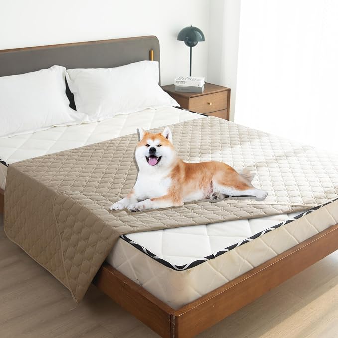 gogobunny Waterproof Dog Blankets for Large Dogs, Pet Bed Cover Breathable | Washable Pee Pads, Quilted Throw Blanket, Furniture Protector for Couch Sofa Bed Car, 82x82 Inch Dark Beige