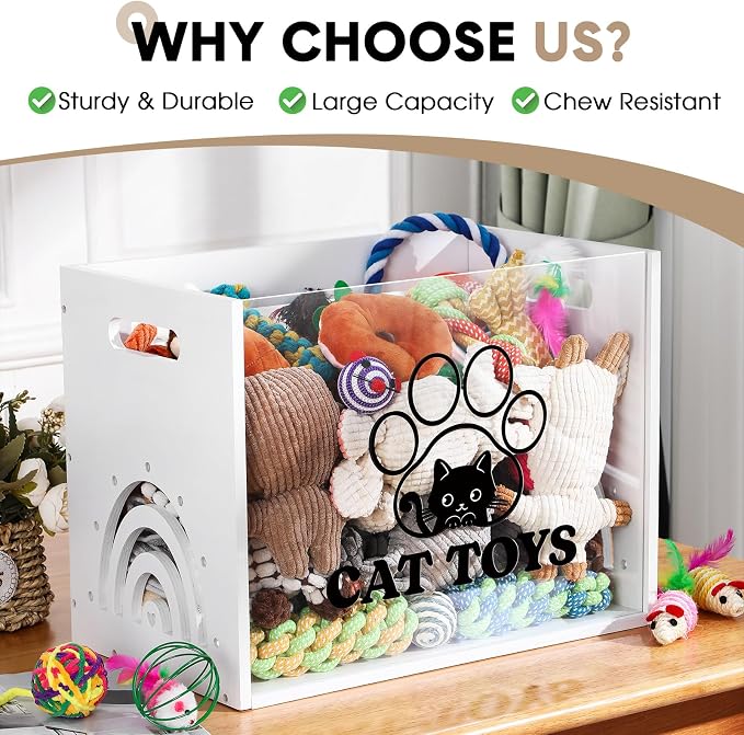 Beeveer Large Cat Toy Basket Cat Toy Box Wooden Storage Bin with Acrylic Board Storage Box for Puppy Toys Pet Food and Accessories Organizer Holder Basket for Living Room Area(White, Cat)