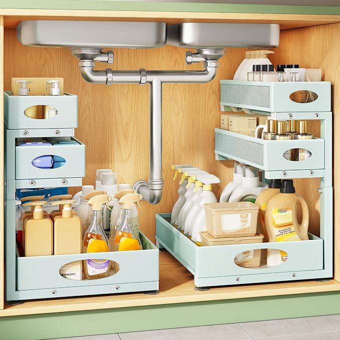 Kitstorack Under Sink Organizer 3-Tier Slide Out Drawer 2-Pack LightBlue | Height Adjustable, Metal Mesh Storage Rack, Pull out Cabinet Organizer Shelf for Bathroom Kitchen Pantry Home Organization