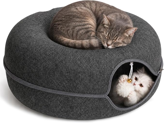 Felt Cat Tunnel for Large Indoor Cats, 24" x 24" x 12" Peekaboo Cave Bed | Dark Grey 24" x 24" x 12" sturdy 1300g felt cave with 7" entrance, rear peek hole, large zipper and hanging ball.