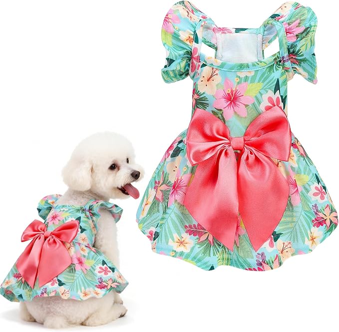 Dog Dress with Sleeve Ruffles, Floral Pet Dresses with Bow Tie for Small Meduim Dogs Puppy Cats Girl, Cute Princess Dog Dresses Skirt Clothes Outfits for Spring Summer, Green S