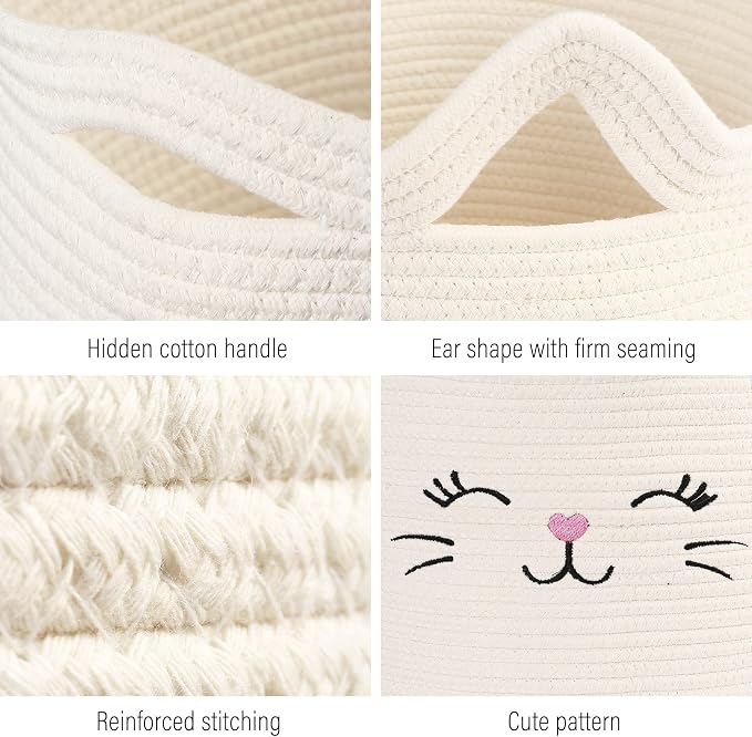 LotFancy Cat Toy Organizer, Cotton Rope Animal Basket with Handle, Cat Toys Storage Bin for Pets, Cute Woven Containers Holder for Playing Room, Kids Bedroom, 15.7x13''(H)