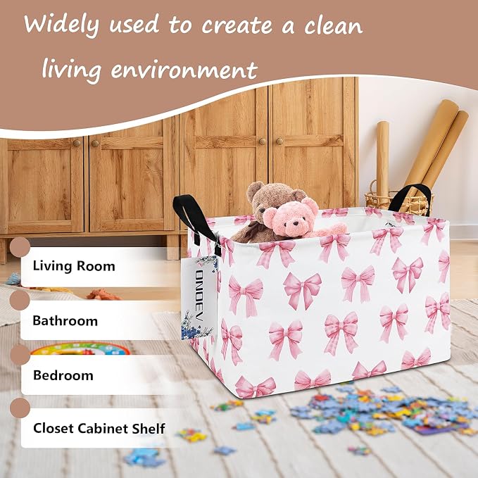 Rectangular Pink Bow Storage Bin,Closet Organizer Basket | Waterproof foldable bin with reinforced handles. Store garments, cosmetics & daily items, sweet gift for teen girls.