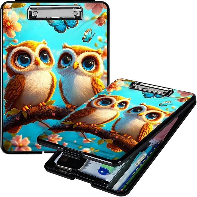 Owl Blue A4 Clipboard with Storage Pen Holder, Clipboards Organizer Nursing Clipboard Foldable File Folder Plastic Clipboard Folio Clip Board for Office Students Classroom Doctor