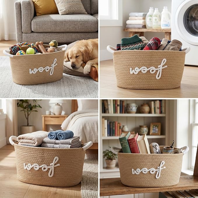 Dog Toy Storage Basket with Handles, 14.6 x 10.6 x 8.7 Inch Cotton Rope Dog Toy Storage Bin Woven Pet Organizer Shelf Basket for Pet Chew Toys, Foods