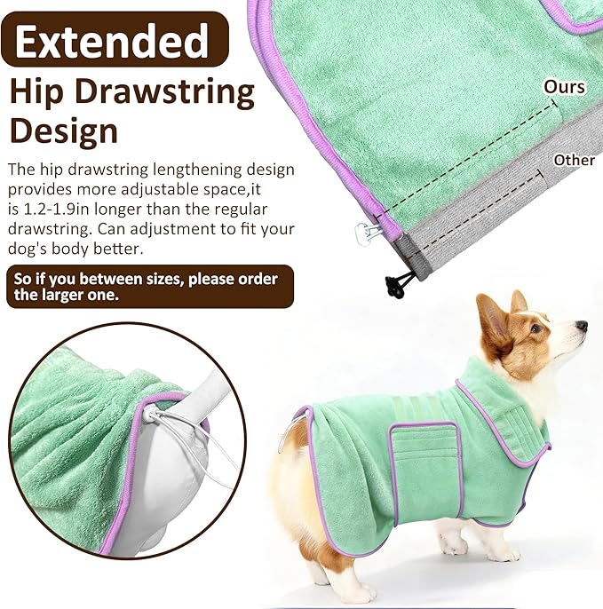 Soft Dog Bathrobe Fast Drying Dog Coat, Super Absorbent Dog Towels for After Bath, Microfiber Pet Robe Adjustable Collar & Belly Warm Keeping Dogs Coat for Pet Dogs & Cats (Green, Medium)