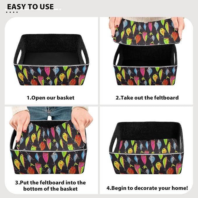 Emelivor Fishing Lures Colorful Storage Basket Bins Set (2pcs) Felt Foldable Storage Bins with Fabric Rectangle Basket for Organizing for Organizer, Closet, Shelves, Office