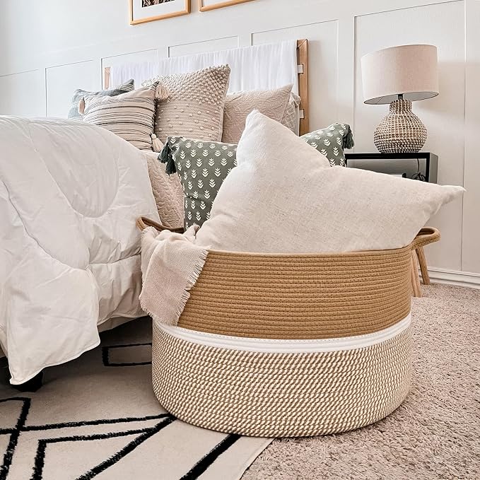 CHICVITA XXL Cotton Rope Woven Blanket Basket with Handles, Brown & White | Extra large 22x22x14in storage basket doubles as clothes hamper. Decorative for living room, nursery