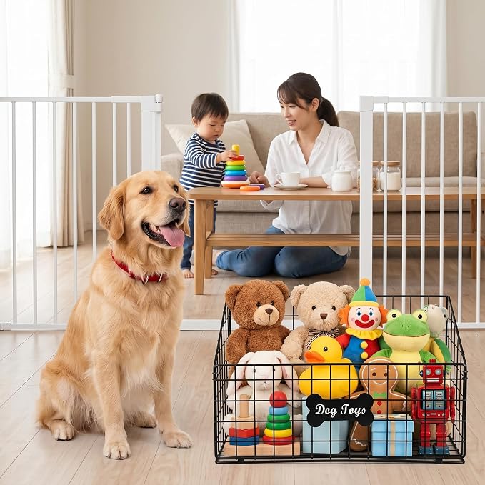 Dog Toy Basket Metal, Chew-Proof Dog Toy Box,Puppy Toy Food Container Bin for Living Room, Black