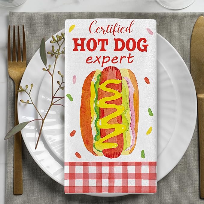 Certified Hot Dog Expert Kitchen Dish Towels Set of 2, Funny Fast Food Sausage Drying Hand Towel Baking Cooking Cloth, Red Plaid Farmhouse Home Decoration 18'' x 26''