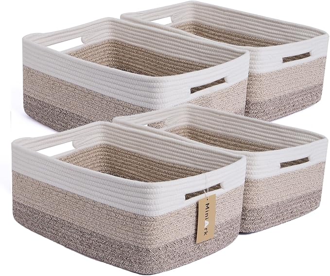 MiniArk Large Storage Baskets for Organizing, 17 x 13 x 7.5” Closet Shelf Baskets for Clothes Blanket Towels, Baby Nursery, Toy Bins Box, Woven Rope Baskets, 4 Packs Gradient Brown