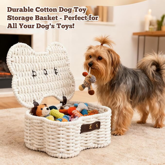 Dog Toys Basket, Cotton Rope Bin Bone Shaped Pet Toys Organizer, Handmade Pet Toy Bin, Woven Baskets for Storage, 14.96" x 11.22" x 6.5"inch