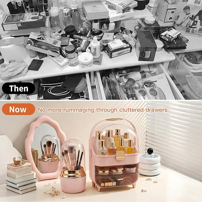 Large Pink Makeup Organizer Set with Clear Dome Cover and Brush Holder, 2-Tier Skincare Storage Case with 3 Pull-Out Drawers for Cosmetics, Lipsticks, Jewelry, and Beauty Tools（Pink）