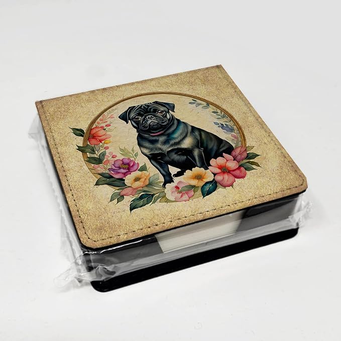Caroline's Treasures Black Pug and Flowers PU Leather Note Paper Holder with Artist-Designed Cover, Desk Accessory, Office Gift