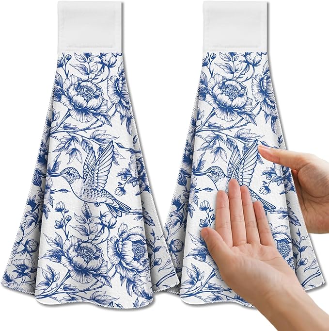 CUTHOLLOW Chinese-Style Flowers Hanging Kitchen Towels with Loop, Set of 2 - Soft & Super Absorbent Microfiber Decorative Hanging Dish & Hand Towel, Tea, Coffee Towel for Kitchen Bathroom Oven Handle