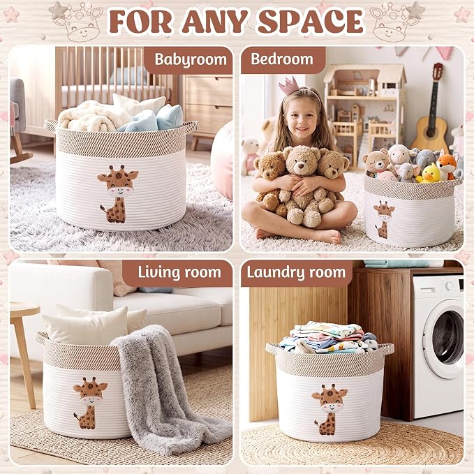 LemonRoad Extra Large Basket 20"x14", Woven Basket for Laundry Blanket Toy Box with Handle Storage, Blanket Storage for Living Room Nursery Pillows Chest(Cotton Rope,Cute Giraffe,Brown White)