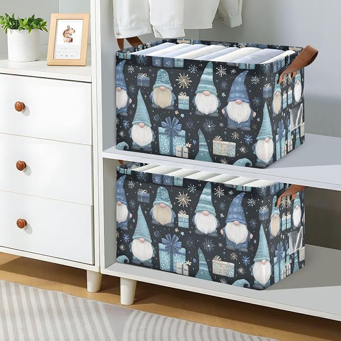 Snowflake and Gnome Winter Gift Storage Basket Foldable Cube Storage Bins with Handles&Label Waterproof Organizer Box Bin Large Rectangle Decorative Baskets for Shelves Home Room Laundry-2 Pack
