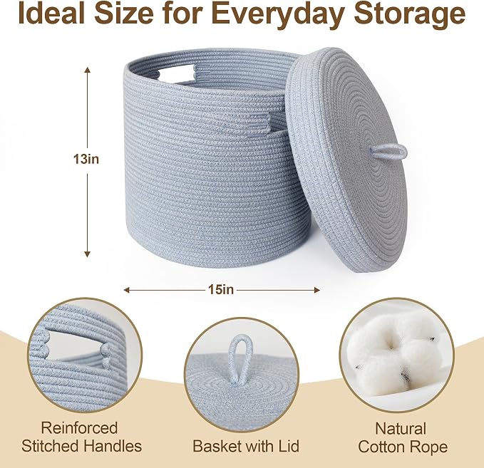 Storage Basket with Lid, Woven Blanket Storage for Living Room, Soft Cotton Rope Bin with Lid, Round Wicker Laundry Basket with Cover, Lidded Kid Dog Toy Box, Nursery Organizer, 15"x13", Blue