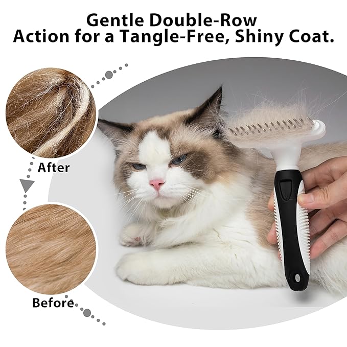 Dog Cat Grooming Tool Rake, Pet Dematting Tool with Stainless Steel Shedding Comb, Double Row Pet Rake Gently Remove Loose or Tangled Hair from Undercoat Black