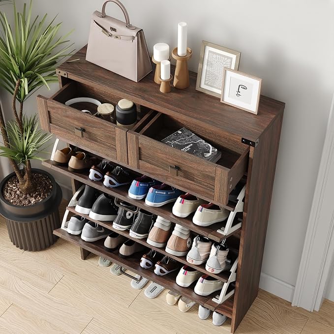 Halitaa Shoe Cabinet with 2 Flip Drawers & 2 Drawers,Farmhouse Shoe Storage Cabinet for Entryway,Slim Freestanding Narrow Organizer Rack for Front Door Entrance,Dark Walnut