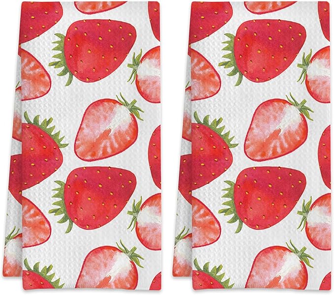 Strawberry Watercolor Hand Towels,Set of 2 Absorbent Pink Strawberries Bath Towel Kitchen Dish Towel Home Gym Hotel Bathroom Decor,16x24 Inches