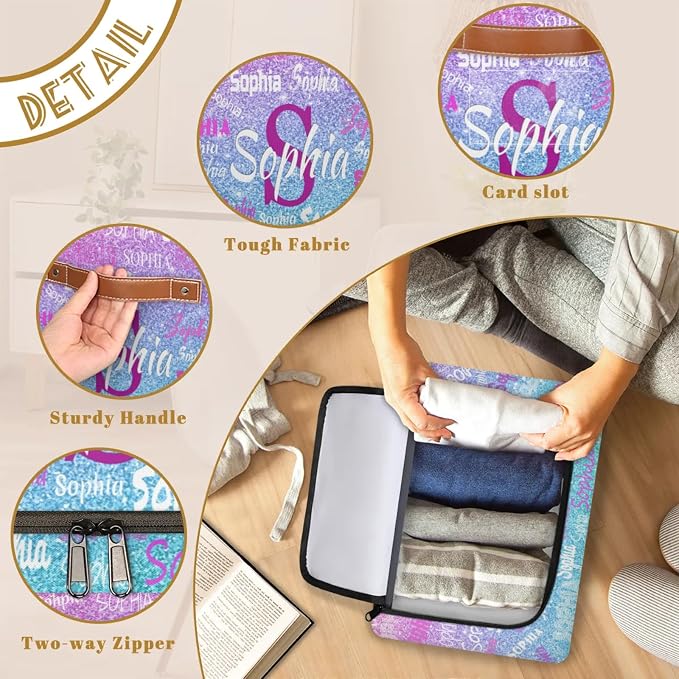 Custom Storage Baskets Named with Zipper Lid, Pink with Blue Bling Glitters Personalized Storage Bins Basket Boxes PU Leather Handles for Clothes Bedroom Closet Organizing Toys Books Shelves