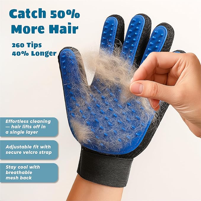 Pet Grooming Gloves – Efficient Dog & Cat Grooming Gloves 2-in-1 Deshedding Glove & Massage Mitt for Bathing, Washing & Shedding, Safe for Short/Long Hair – 2pcs (Blue)