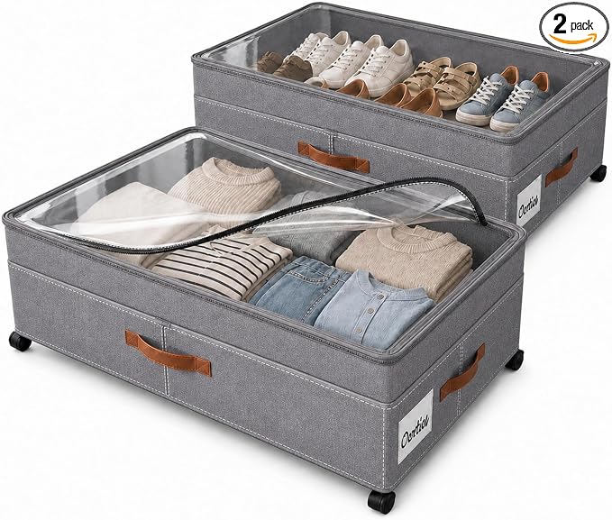 Under Bed Storage Organizer with Wheels, Rolling Under Bed Storage Containers with Clear Lid, Dual Zippers, Handles, Storage for Clothes, Shoes, Blankets, Toys, 2-pcs Under Bed Drawers(Grey)