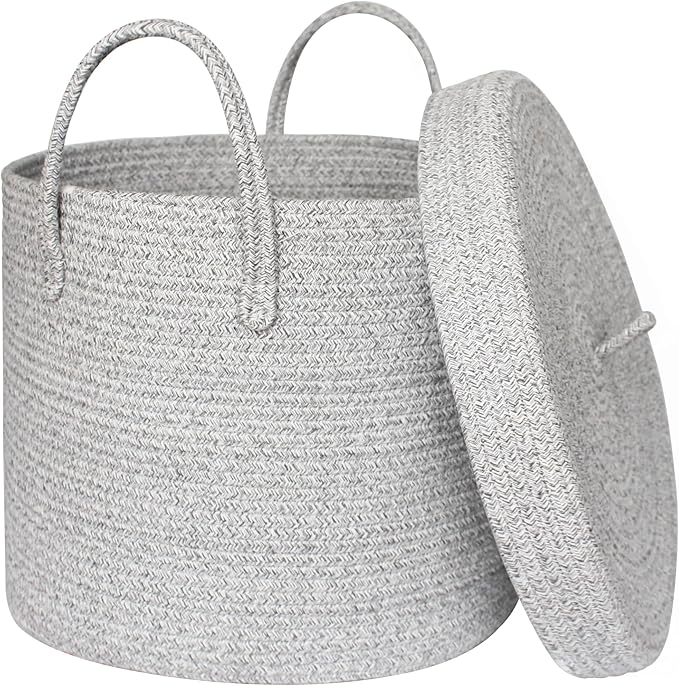 15”x13” Storage Basket with Lid, Blanket Storage for Living Room, Woven Cotton Rope Bin with Cover, Kids Dog Toy Box, Baby Laundry Basket with Lid, Covered Blankets Pillows Holder, Gray