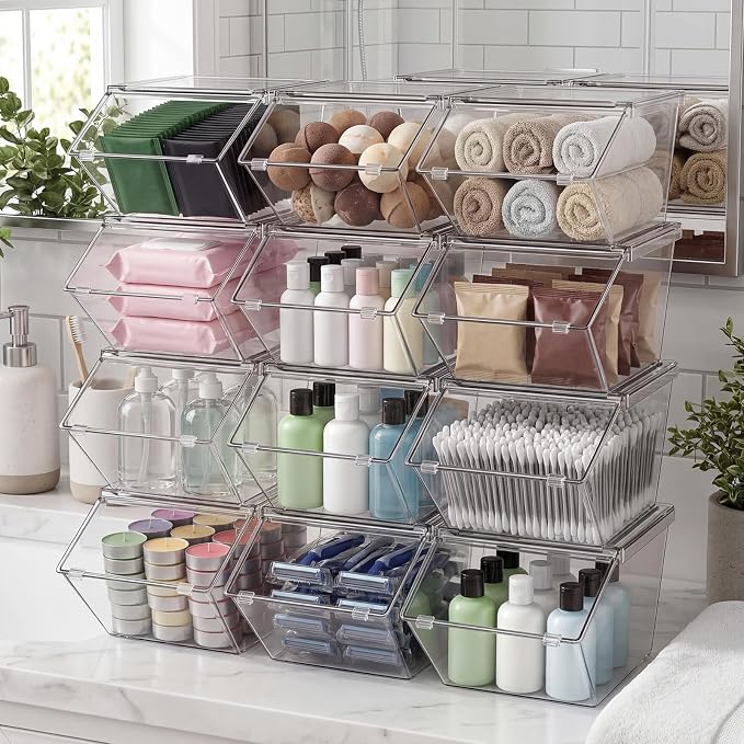 Yerliker 12 Pcs Clear Plastic Storage Bins with Lids Stackable Pantry Storage Organizer Kitchen Cabinet Organizers Ideal Containers for Coffee Pod Tea Sugar Bag Cabinet Home (Extra Large)