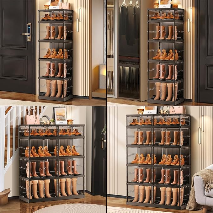 CIMLORD 5-Tier Foldable Shoe Rack Organizer for Boots, 10 Pairs, Black | Collapsible Narrow Plastic Shoe Cabinet Storage, Fits Tall Boots, Stackable with Lids, Easy Assembly, for Closet & Entryway