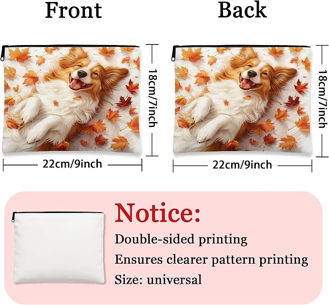 Fall Rough Collie Dog Makeup Bag, Cute Autumn Maple Leaf Printed Cosmetic Travel Pouch for Women Girls, Pet Portable Small Canvas Zipper Organizer 7x9 Inch
