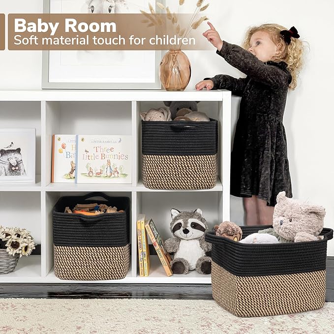 Goodpick Woven Storage Basket for Shelves, 13" x 10" x 9", Black Jute | Stylish Gift Basket for Office & Home, Wicker Baskets for Books, Toys & Towels Storage, Nursery & Bedroom Closet Organization