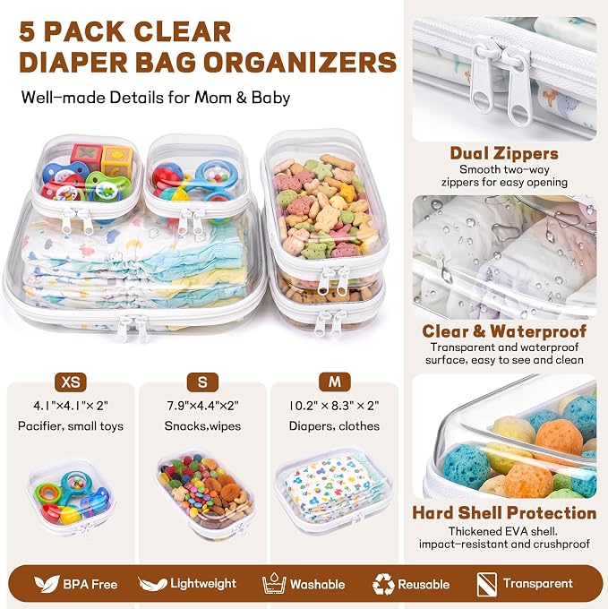 5 Pack Clear Hard Shell Zipper Case for Diaper Bag Organizer | 3 Size Travel Storage Pouch, Waterproof Pacifier Snacks Wipes Box, Cosmetic Makeup Toiletry Holder