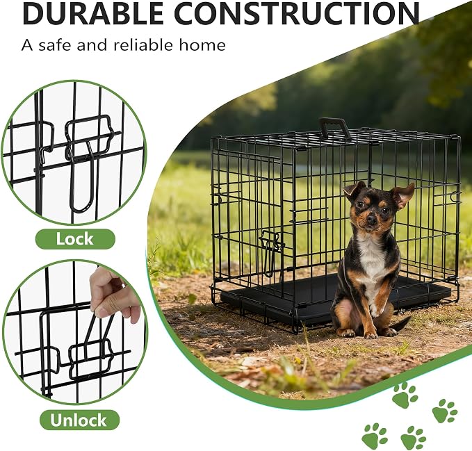 FDW Dog Crate 18-Inch Dog Cage Foldable Metal Kennel with Leakproof Tray Foldable Design Indoor Outdoor Use for Small Dogs,Dark Black