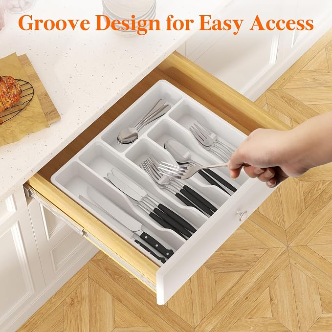 Lifewit Silverware Organizer with Lid, Covered Utensil Tray, 12.6x11.8 | Plastic Cutlery Storage Box for Kitchen Drawer and Countertop, Flatware Case Holder for Spoons Forks Knives, White
