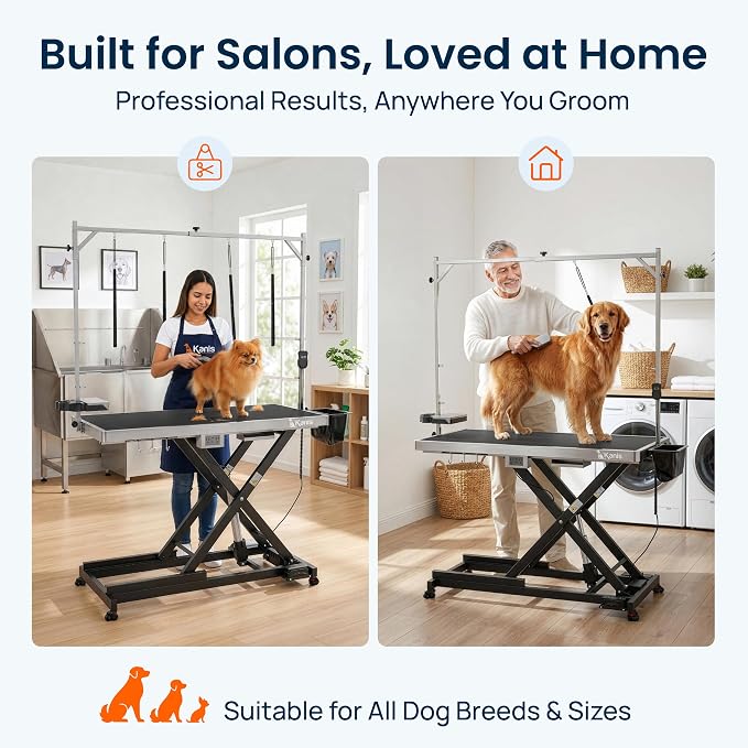 Professional Electric Dog Grooming Table - Heavy Duty | Height Adjustable Pet Grooming Table w/Leveling Wheels, Dog Grooming Arm, Anti-Slip Tabletop & Tool Organizer (Black, 49")
