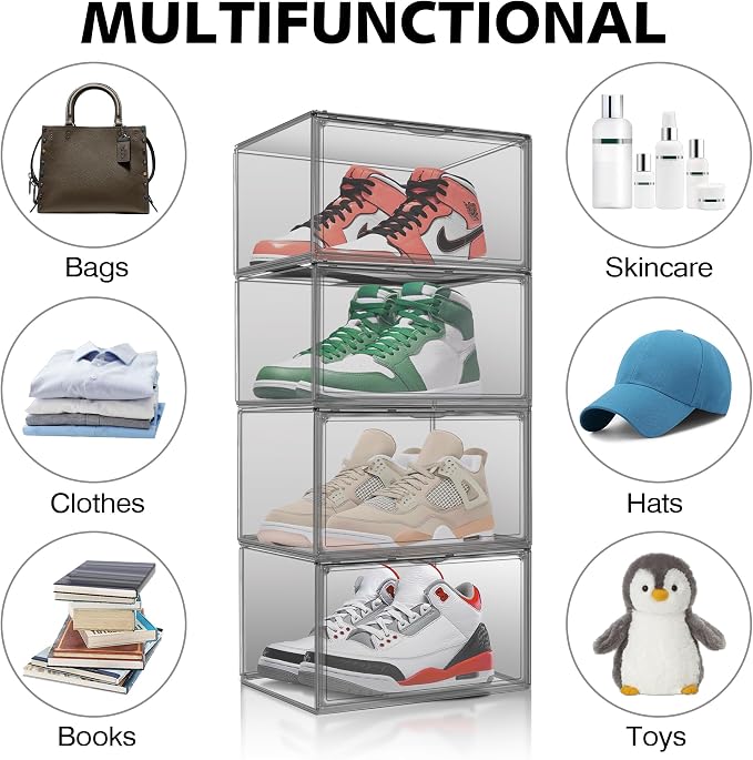 12 Pack Black Acrylic Shoe Boxes, Space-Saving Everyday Sneaker Storage | Size 12, SPACE-SAVING STACKABLE DESIGN – Build upward to organize shoes while using less closet, shelf or floor space.