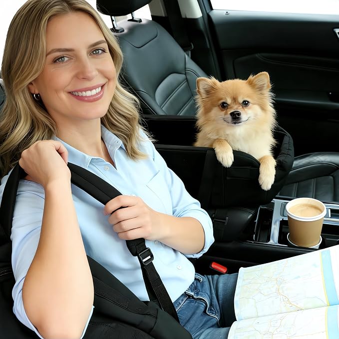 Center Console Dog Car Seat for Pets Up to 9 lb, Black | Water-resistant faux leather; 16.41 x 7.87 x 8.66 in; pets up to 11 in long. Measure your console before purchase.