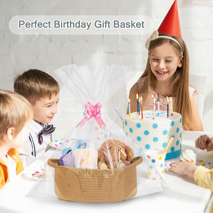 COMSE Empty Small Gift Basket with Bag & Ribbons, Camel | Cotton Rope, 12"x 8"x 5", Baby Toy Organizer, Stores Small Items for Bedrooms, Nurseries, Bathrooms, Living Rooms, Offices