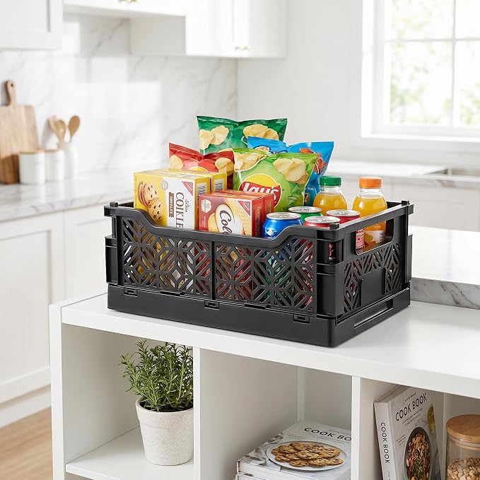 6-Pack Collapsible Plastic Storage Baskets, Stackable Bins with Label Slots | Plastic crates(12.2"x8.3"x4.7"). Fold flat to save space. Ideal for pantry, toys, office shelf organization & decluttering